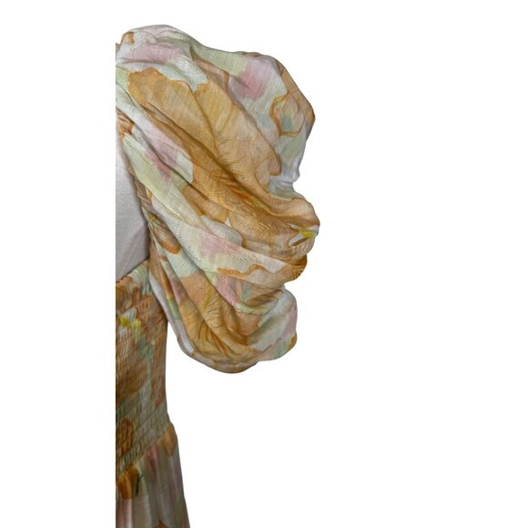 NWT ASTR XL The Label Orange Tropical Maxi Dress Puff Sleeves & Tie Front - Picture 7 of 16